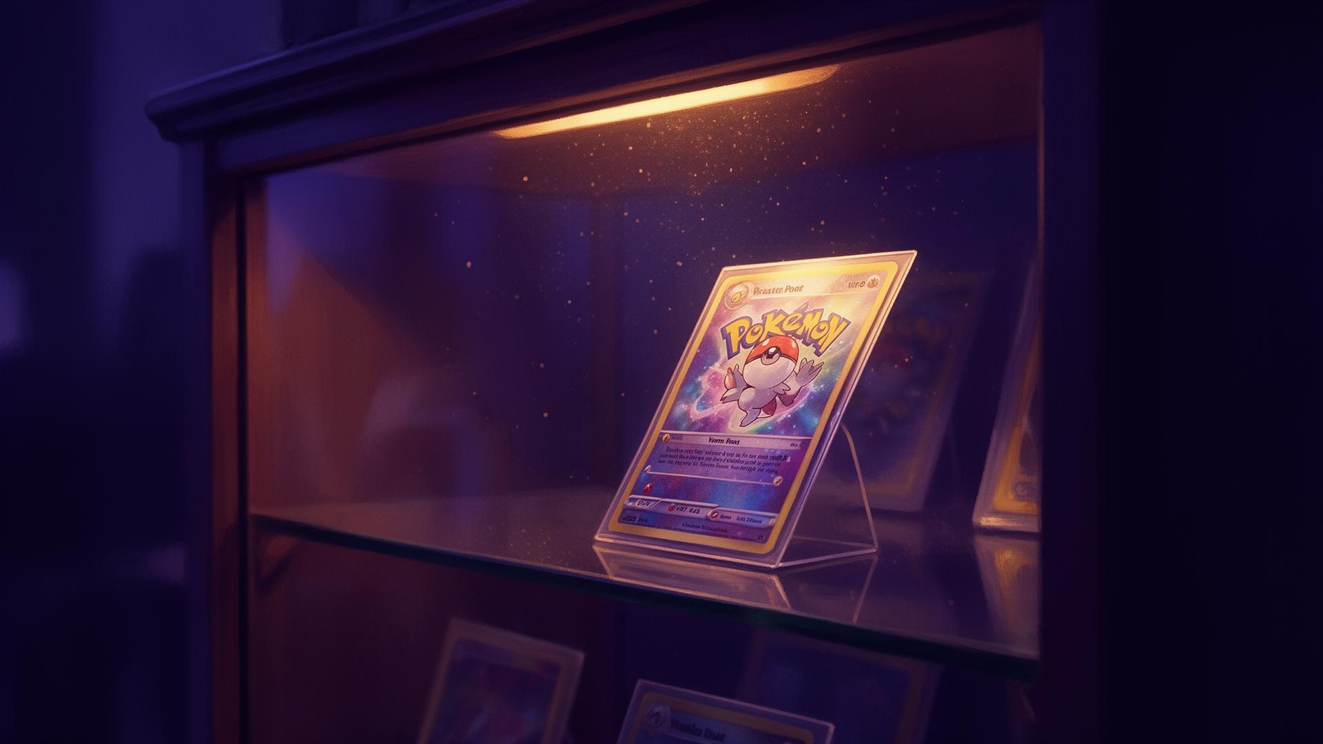 A holographic Pokémon card glowing inside a warmly lit display cabinet at Shire Collectables.